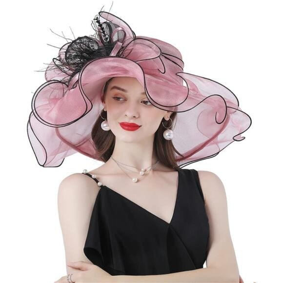 Women Hat Wide Brim Tea Party Fascinator Pink6